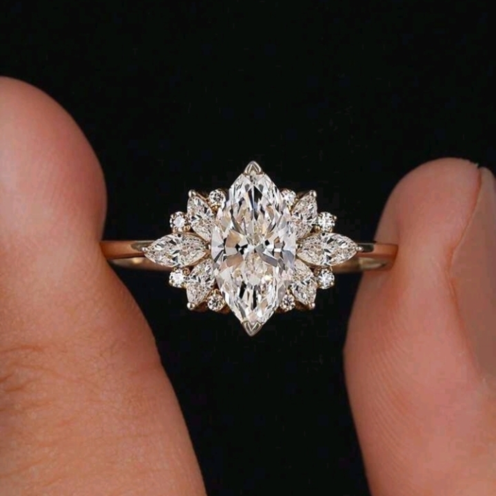 SS 925 Elegant Gold Plated  Marquise Cut Ring